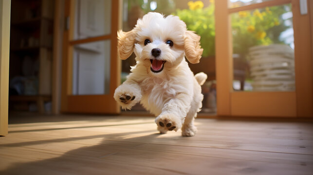 n a comfortable domestic setting, a Maltipoo puppy, a hybrid of Maltese and Poodle, is running at home. generative AI