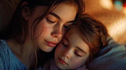 Young woman providing emotional support to a child with anxiety - obrazy, fototapety, plakaty