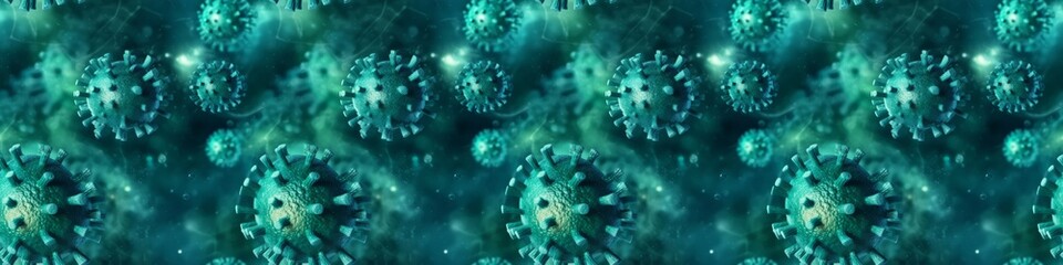 Turquoise corona virus, covid, flu outbreak background banner panorama long wallpaper illustration, microscopic view of influenza virus cells, lots of abstract 3d viruses texture, seamless pattern - obrazy, fototapety, plakaty