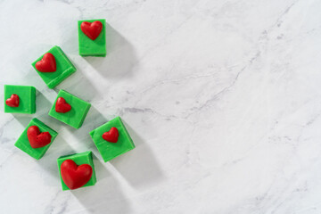 Green fudge with red hearts