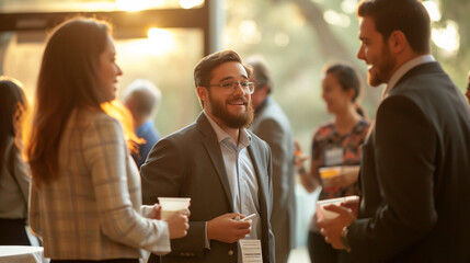 candidates interacting in a networking event, capturing natural conversations, introductions, and exchanges of contact information.