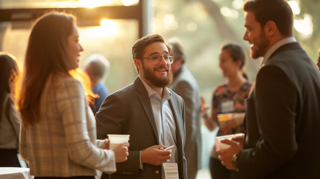 candidates interacting in a networking event, capturing natural conversations, introductions, and exchanges of contact information.