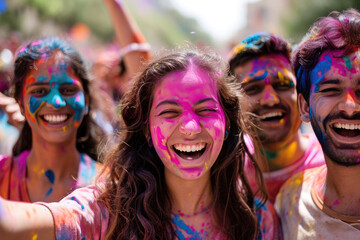 Obraz premium Festival de Holi en la India: Personas lanzándose polvo de colores en una celebración alegre