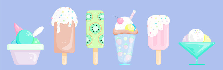Set of different types of ice creams, cone, sundae, ice cream on stick with fruits. Vector illustration.
