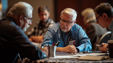 The panel members exchanging looks or notes, showing their evaluative process.