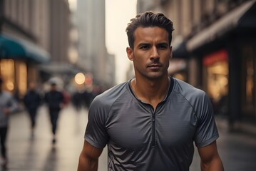 active and healthy man jogging, running and walking in busy city