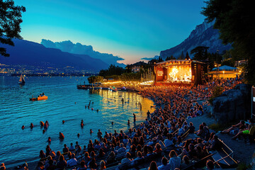 Festival Musical en la naturaleza de Jazz en Suiza: Conciertos al aire libre junto al lago - obrazy, fototapety, plakaty