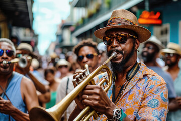 Fototapeta premium Festival de Jazz en Nueva Orleans: Escena de músicos en un desfile en las calles