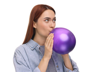 Woman inflating purple balloon on white background
