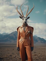Portrait fantasy mutated fashion concept a beautiful woman mutated pairing with ibex, from the serene desert to the sandy beach, embodying the essence of wildlife in nature