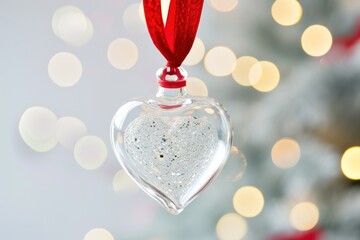 clear glass sphere bauble ornament in heart shape with light reflections hanging on a red ribbon on white background 