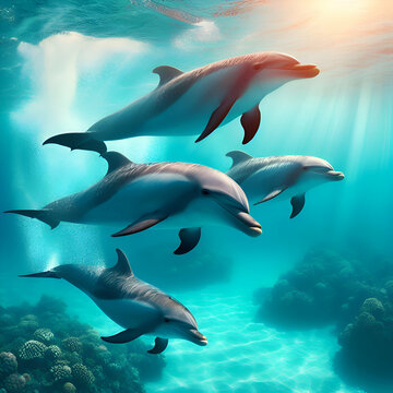 Photo of Four Dolphins Swimming Gracefully Through Turquoise Waters