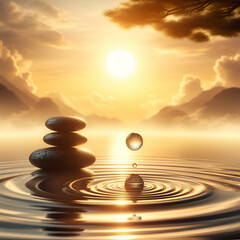 Fototapeta na wymiar Zen-Like Tranquility with Stones, Water Drop Creating Ripples on Surface Sunny Background