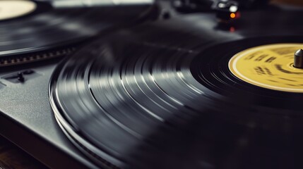 Black Vinyl Record Closeup. Macro Image of a Long Play. Sound tracks on a vinyl record
