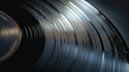 Black Vinyl Record Closeup. Macro Image of a Long Play. Sound tracks on a vinyl record - obrazy, fototapety, plakaty