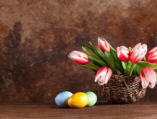 Easter composition with flowers and Easter eggs