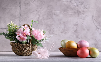 Easter composition with flowers and Easter eggs