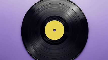 Black Vinyl Record on purple background. Image of a Long Play. Sound tracks on a vinyl record