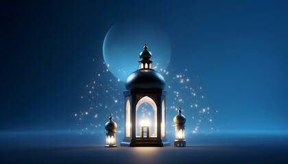 Fototapeta premium A lantern with a blue sky background. The lantern is lit up and surrounded by three other lanterns, ramadan kareem illustration