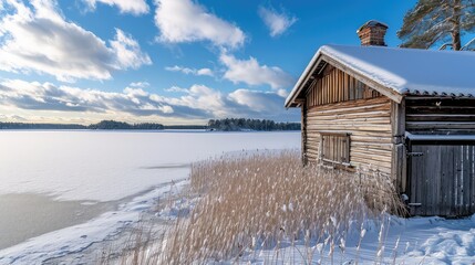 A boathouse on a frozen lake