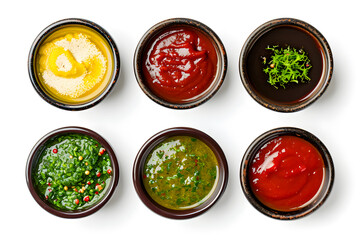Bowls of  Various Sauces top view isolated on white Background - obrazy, fototapety, plakaty