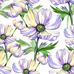 Beautiful peony, anemone flowers with leaves on background. Seamless floral pattern, border. Watercolor painting. Hand drawn illustration. Design for fabric, wallpaper, bed linen, greeting card design