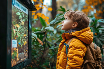 Niño leyendo un cartel educativo en un parque que destaca la importancia de cuidar el medio ambiente  - obrazy, fototapety, plakaty