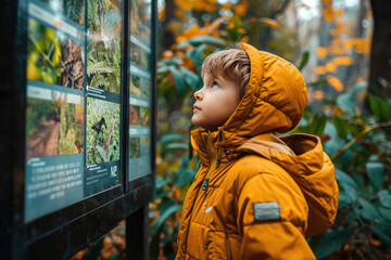 Niño leyendo un cartel educativo en un parque que destaca la importancia de cuidar el medio ambiente  - obrazy, fototapety, plakaty