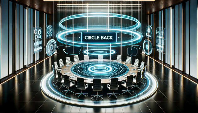 Modern office space with a round conference table in the center. Digital holograms, a hovering sign displays Circle Back, emphasizing the need for review and revisiting discussions.