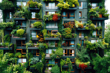 Fotograf&iacute;a de un edificio con fachada cubierta de plantas y vegetaci&oacute;n, generado con IA