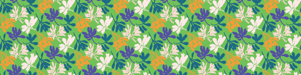 Trendy vector floral pattern with organic botanical shapes border. Modern bold summer flower print, ribbon design in scandi style.
