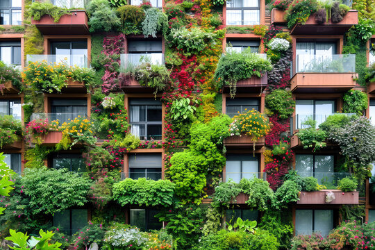 Fotograf&iacute;a de un edificio con fachada cubierta de plantas y vegetaci&oacute;n, generado con IA