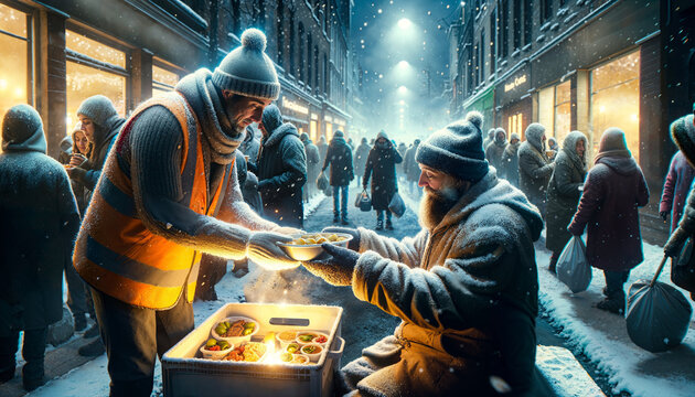 Warmth in Winter: Volunteers Distribute Nourishing Meals to the Homeless on a Cold Winter Night, symbolizing compassion and care, International Volunteer Day, 5th December concept