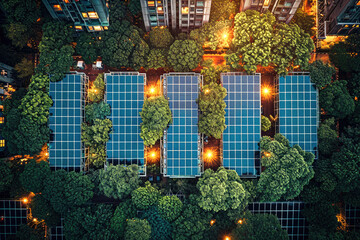 Fotografía de una comunidad que genera su propia energí­a a través de paneles solares - obrazy, fototapety, plakaty