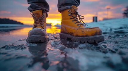 Dusk at the Construction Site: A Man in Boots Walking Towards the Job, Captured in a Wet-on-Wet Blending Art Style