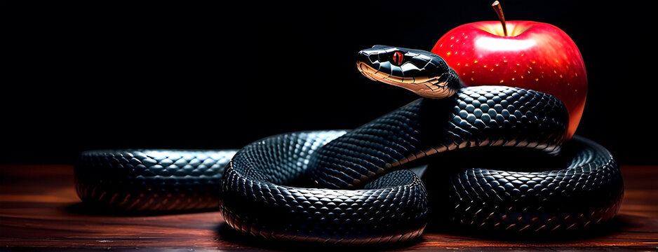 Religious symbolism of temptation of Eve. Snake coiled around the forbidden fruit on black background. Theology, mythology. Copy space.