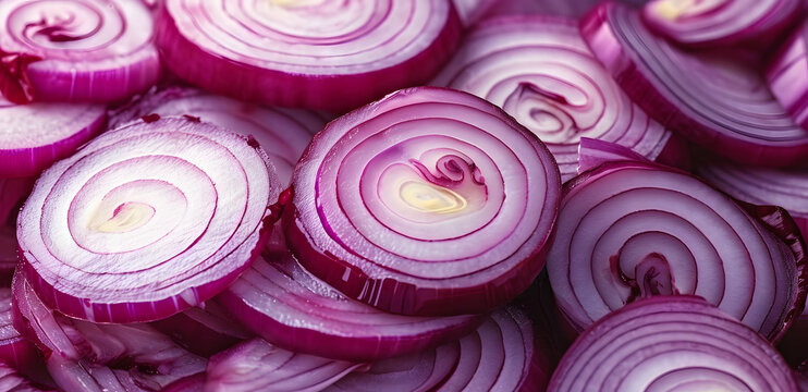A close up of many onion slices. The onions are cut in half and arranged in a pattern
