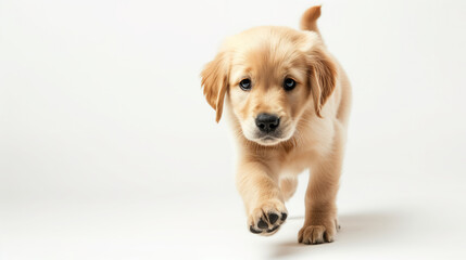 Adorable Golden Retriever Puppy Taking First Steps on White Background