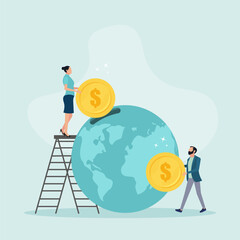 People pay an environmental fee. Global business investment in the environment and clean industry. Nature conservation, nature conservation. The guy and the girl are holding coins. Vector illustration