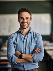 smiling male teacher standing in classroom with arms crossed.