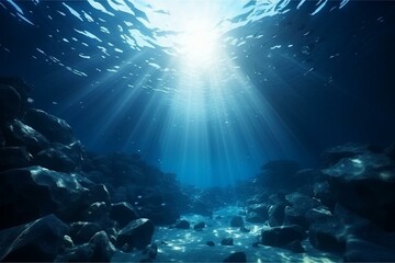 Fototapeta na wymiar Underwater sea with deep abyss and blue sunlight. 3D concept. Generative AI