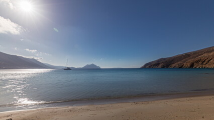 Panorama showing beach in Amorgos island aerial timelapse from above. Greece