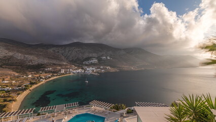 Panorama showing Amorgos island aerial timelapse from above. Greece