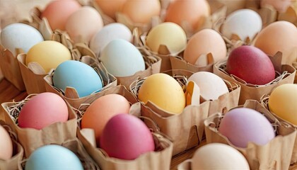Multiple Easter eggs dyed in various pastel colors are placed inside individual sections of egg cartons. Each egg is surrounded by a small amount of straw to cushion and display it prominently