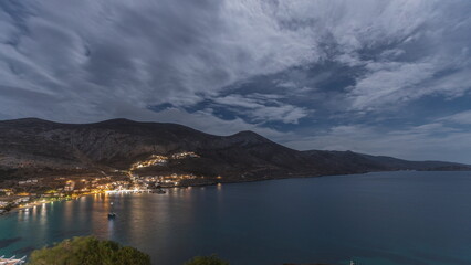 Panorama of Amorgos island night timelapse from above. Greece