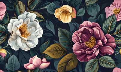 Elegant  floral design showcasing luxurious peonies and foliage in a rened color scheme, ideal for wallpaper, textile prints, and editorial backdrops