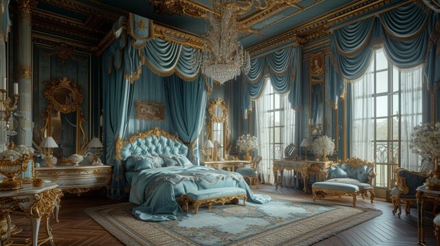 Luxury canopy bed draped in opulent silk and velvet.