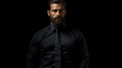 Fototapeta na wymiar A man with a beard and a black shirt is standing