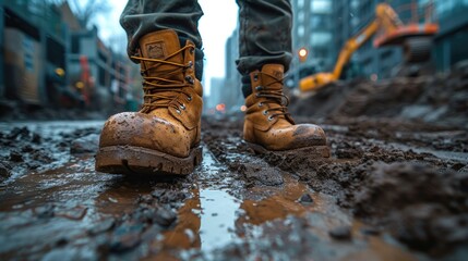 Steady Stride: Man in Robust Boots Confidently Walking Through a Bustling Construction Site