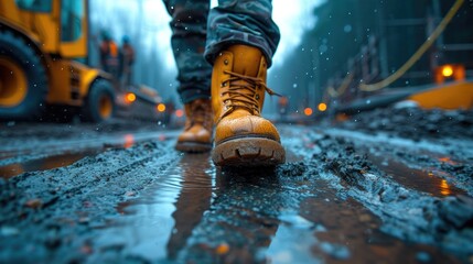 Steady Stride: Man in Robust Boots Confidently Walking Through a Bustling Construction Site